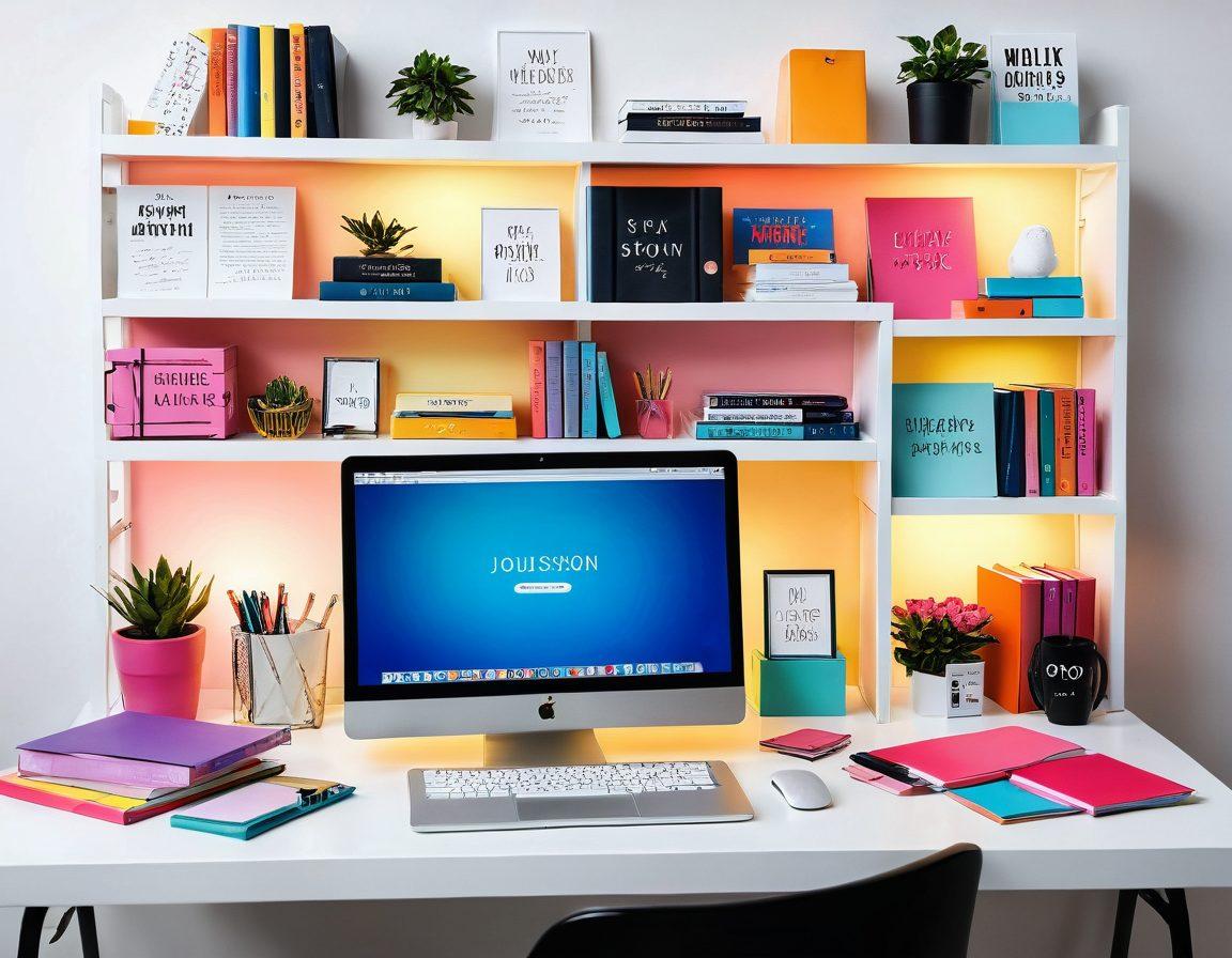 A creative workspace featuring a sleek digital journal on a modern desk, surrounded by vibrant stationery, a glowing laptop screen displaying personal branding tips, and post-it notes with motivational quotes. A soft light casts an inviting atmosphere, evoking a sense of inspiration and focus. The background showcases a stylish bookshelf filled with colorful books. 3D. vibrant colors. white background.