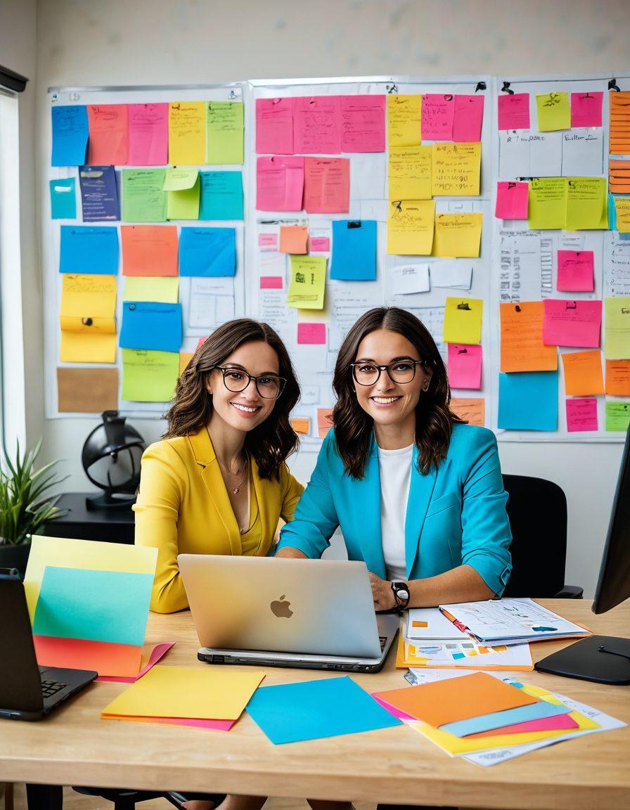 A confident individual sitting at a stylish desk with a laptop, creatively brainstorming ideas, surrounded by post-it notes and a vision board showcasing online business goals. In the background, vibrant graphs and charts depict success metrics. The scene is illuminated by warm, inviting light, symbolizing growth and positivity. super-realistic. vibrant colors. white background.